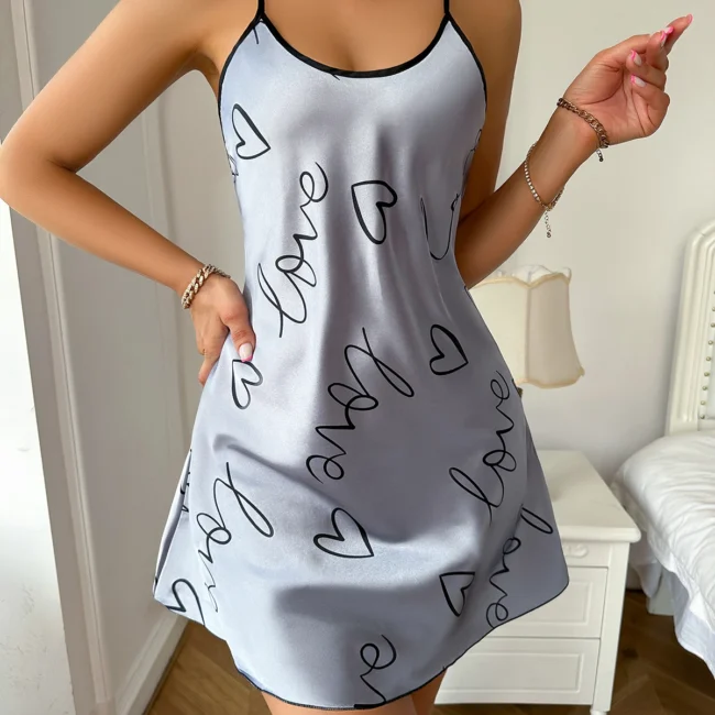 Heart Letter Print Nightdress Casual Round Neck Spaghetti Strap Sleep Dress - Image 10