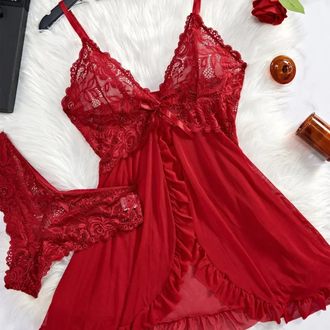 Women Sleepwear Lingerie Lace Nightdress With Panties Two-Piece Red Backless Nightgown - Image 6