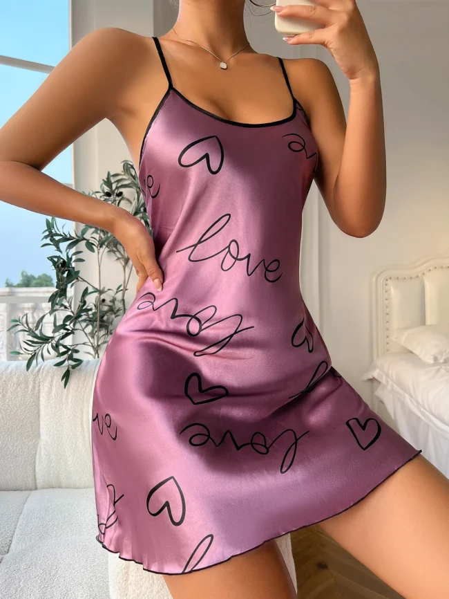 Heart Letter Print Nightdress Casual Round Neck Spaghetti Strap Sleep Dress - Image 32
