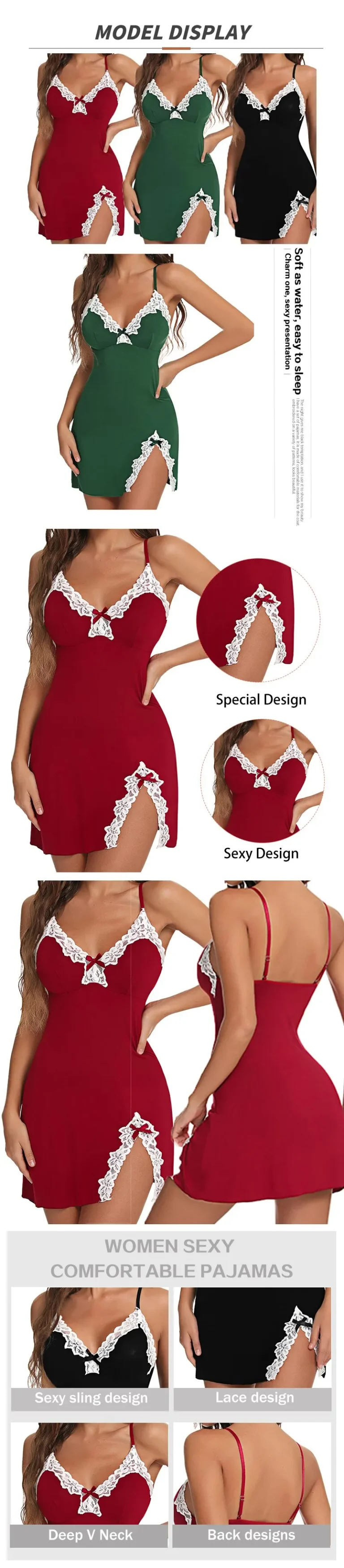 Sleepwear Lace Silk Satin V-Neck Nightgown Split Hem Soft Lingerie - Image 13