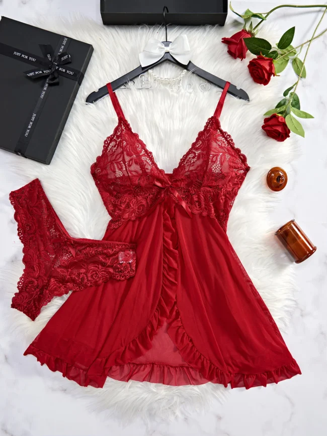Lingerie Set Women Bra Nightdress Lace Sleepwear Solid Slim Soft Dresses V Neck Full Slip Sleepwear - Image 8