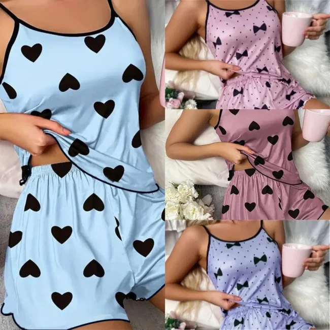 Women'S Pajama Set Shorts Pink Heart-Shaped Ice Silk Top Comfortable Casual - Image 2