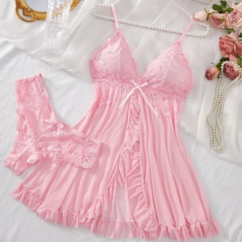 Lingerie Set Women Bra Nightdress Lace Sleepwear Solid Slim Soft Dresses V Neck Full Slip Sleepwear
